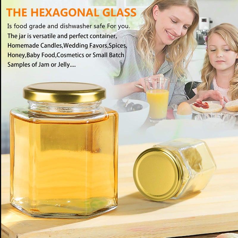 Encheng 10 oz Hexagon Jars,Clear Glass Honey Jars With Lids(Golden),Small Mason Jars For Honey,Foods,Jams, Liquid,Herb Spice Canning Jars For Storage,Party Favor,20 Pack - Image 4